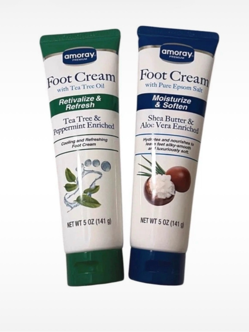 Two 5 oz Tubes Amoray Foot Cream Tea Tree & Peppermint Shea Butter Aloe New